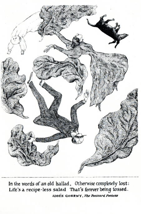 Postcard, man and woman beetween fyling leafs