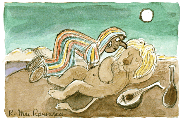 Gybsy sniffing lion