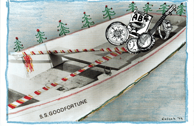 small, white boat with christmas trees on the edges